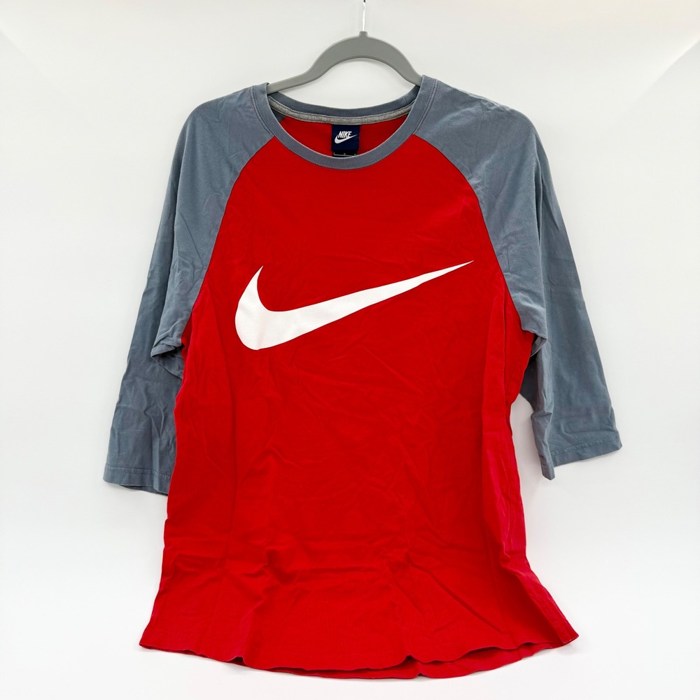 Nike Mens 3/4 Sleeve Raglan Baseball Shirt Red Grey Swoosh Logo 718757-657 L